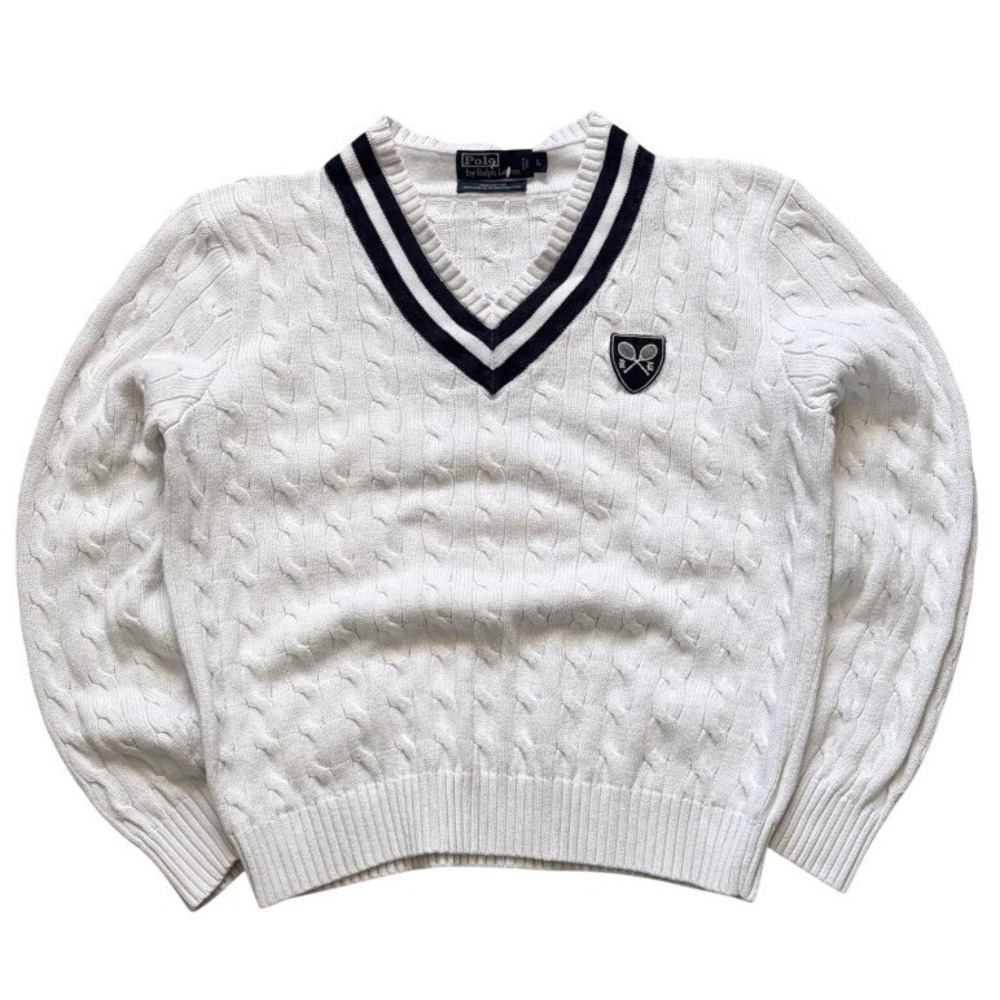 Polo Ralph Lauren Cricket Sweater Cable Knit White Navy Tennis Preppy Academia L